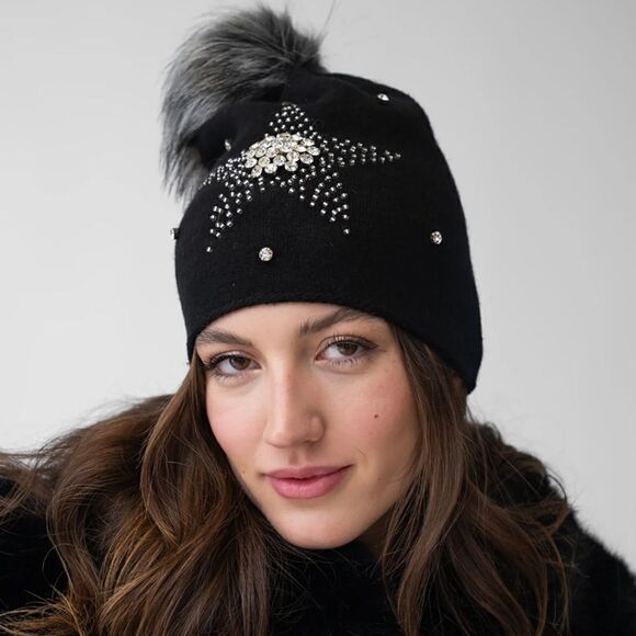 NWT New Adrienne Landau Black Crystal Embellished Wool Star Pom Pom Hat/Beanie main image 8
